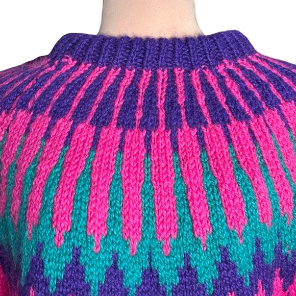 Vintage Handmade Greek Wool Fair Isle Sweater Dress Chunky Knit XL Pink Purple - Picture 2 of 10